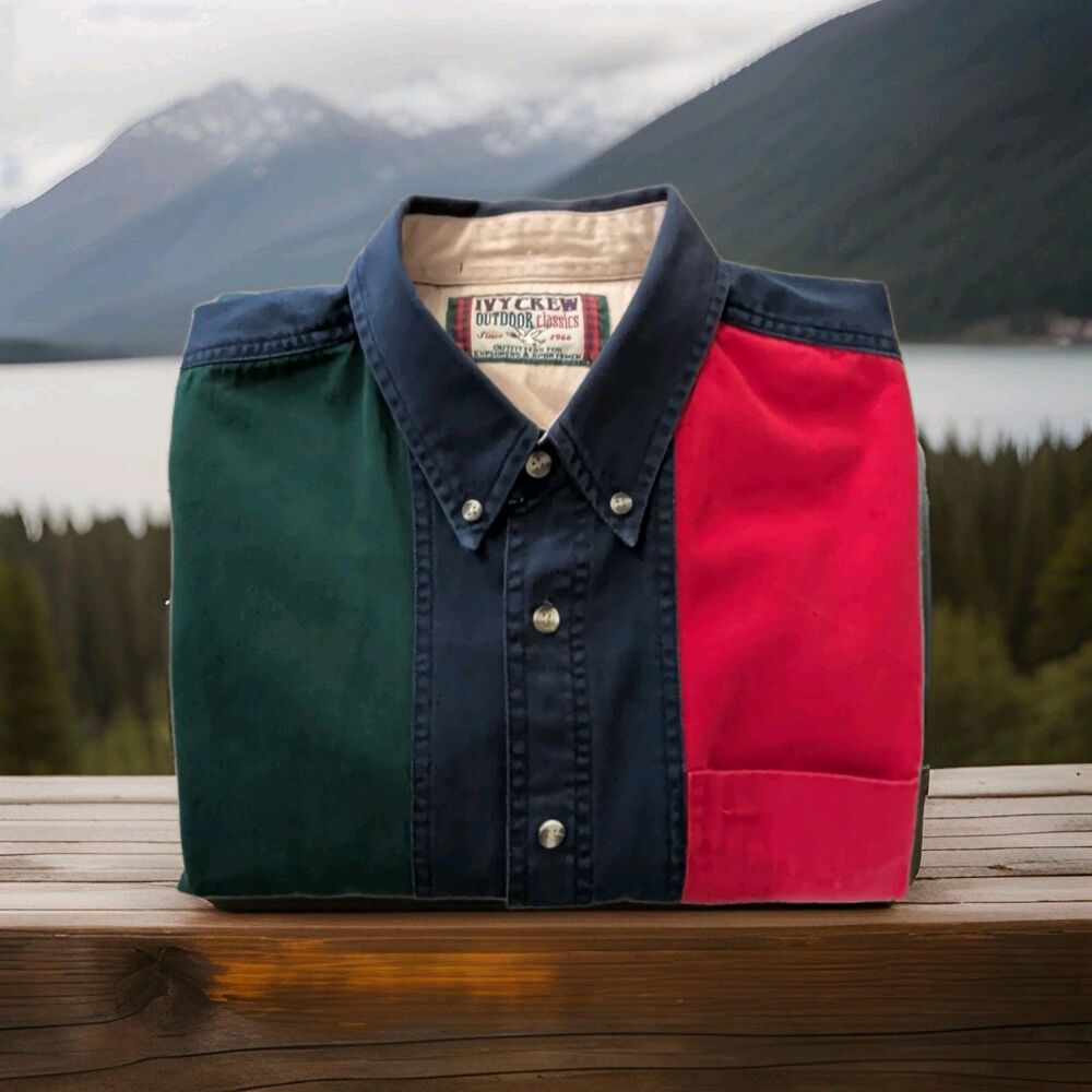 VINTAGE 90s IVY CREW OUTDOOR CLASSICS COTTON COLORBLOCK SHIRT MENS SIZE XL VGC